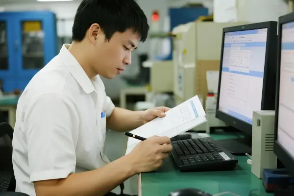 A Chinese quality engineer reviewing a PPAP documentation folder
