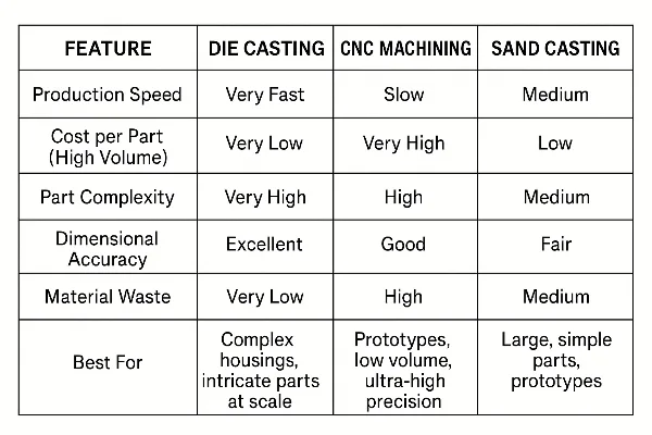 A comparison chart showing features of die casting, forging, and sand casting