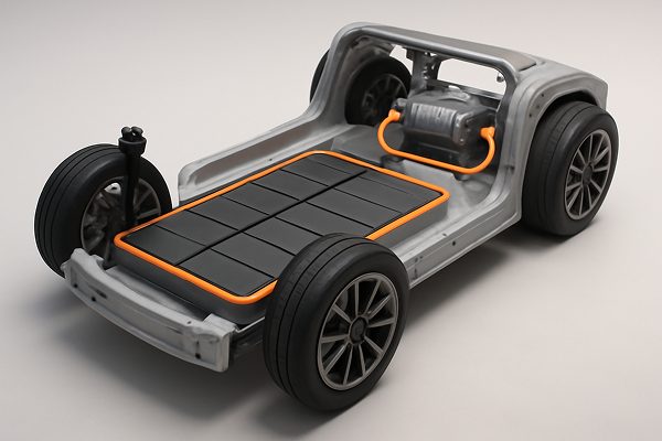 A cutaway view of an electric vehicle chassis highlighting the battery pack and motor housing.