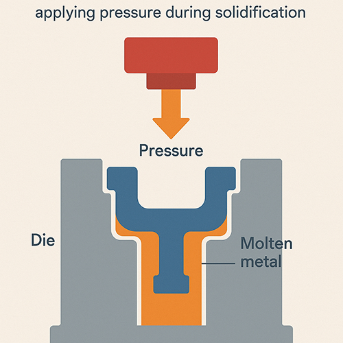 A graphic showing the squeeze casting process applying pressure during solidification