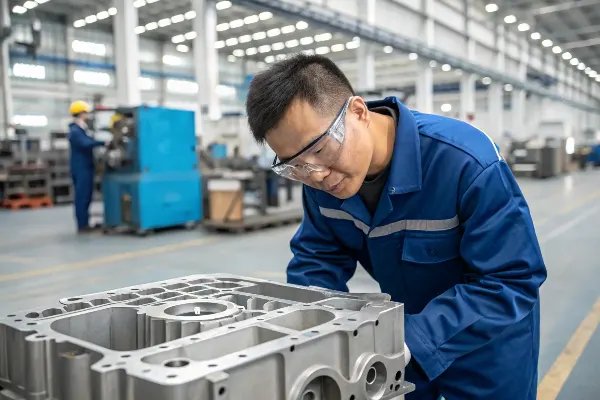 A quality engineer inspecting a complex aluminum die cast part in a factory setting