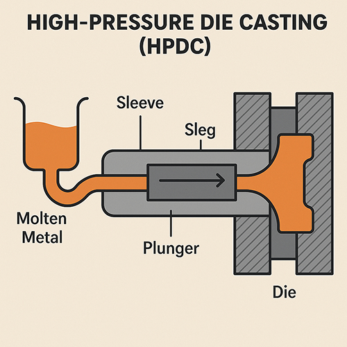 An illustration explaining the High-Pressure Die Casting (HPDC) process