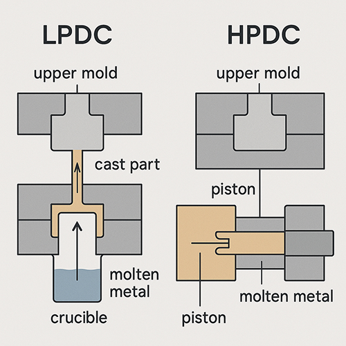 Side-by-side comparison of LPDC and HPDC processes