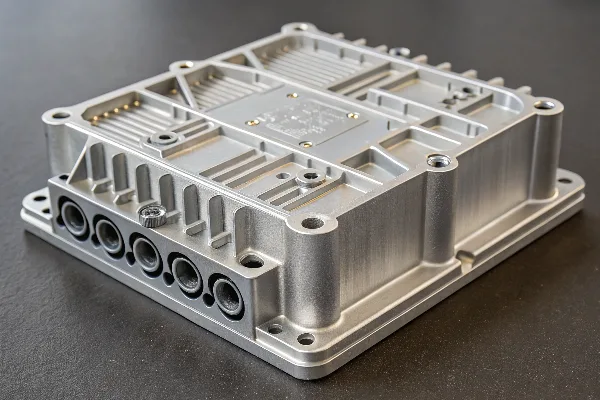 A closeup of a complex aluminum die cast housing for an electric vehicle