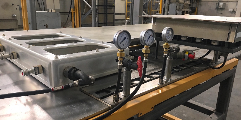 A die-cast housing connected to a leak testing machine with digital pressure gauges.