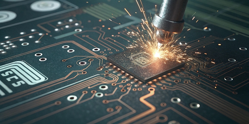 A microscopic image showing a metallic particle causing a short circuit on a PCB.