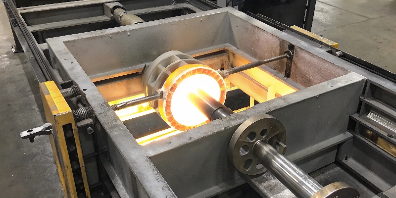 A rotary degassing machine with a graphite lance spinning in a crucible of molten aluminum.