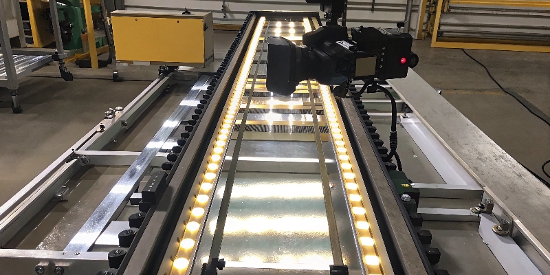 An automated vision inspection system with a camera and ring light inspecting parts on a conveyor belt.