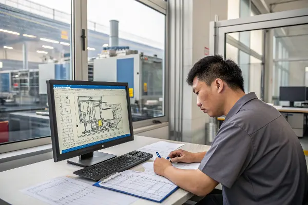 An engineer analyzing a 3D mold flow simulation on a computer screen