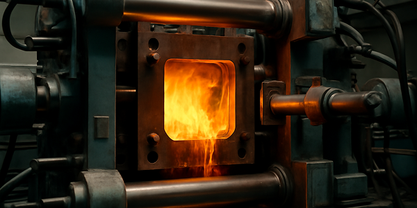 A die casting machine in operation, with molten metal glowing inside.