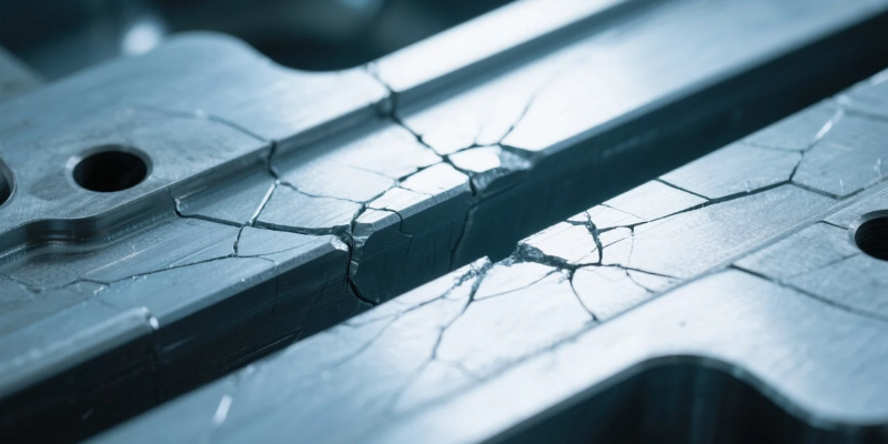 A close-up image showing heat checking cracks on a worn-out mold surface