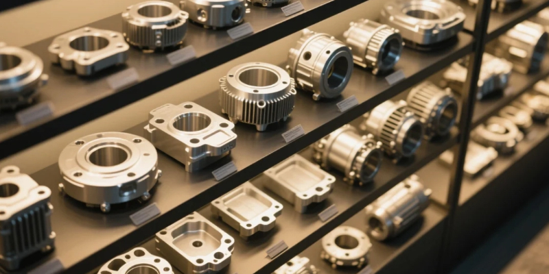 A collection of various aluminum die cast automotive parts on display