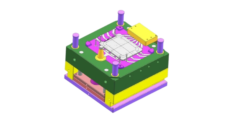 A detailed CAD drawing of a complex multi-cavity die-casting mold with slides and lifters highlighted.