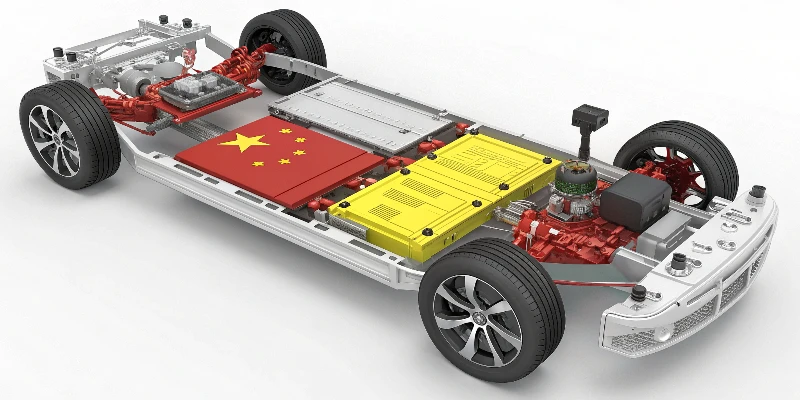 A diagram of an EV chassis with key components like the battery, motor, and controller highlighted in China's flag colors
