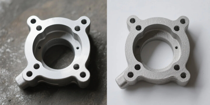 A diagram showing a raw casting with extra stock material, and the final part after CNC machining removes the stock