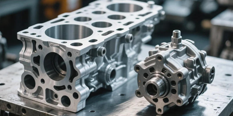 A die cast engine block next to a transmission housing