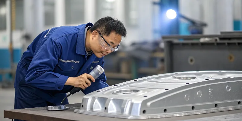 A large, complex aluminum die-cast component for an electric vehicle chassis being inspected.