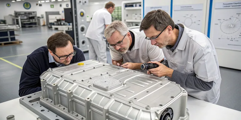A large, complex aluminum die casting part for an EV, like a rear underbody, being inspected by an engineer