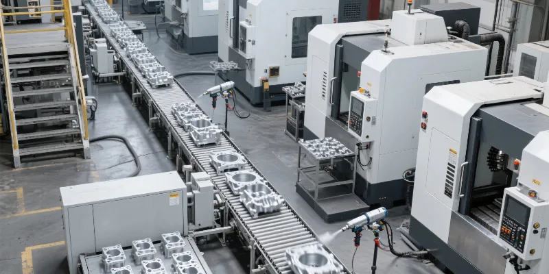 A production line showing die-cast parts moving from a casting machine to CNC machining centers and then to a powder coating station.