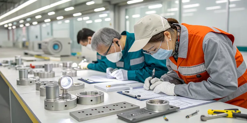 A quality control team at a work table examining various aluminum casting samples under bright lights.