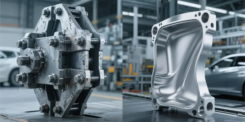 A side-by-side visual comparing a heavy, multi-part steel assembly with a single, sleek aluminum die-cast component.