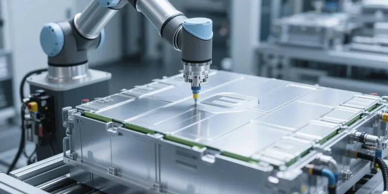 A specialized robotic arm performing an automated leak test on a large aluminum EV battery housing.