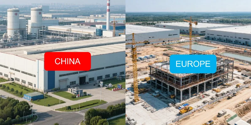 A split image showing a massive, established factory in China on one side and a new factory under construction in the US or Europe on the other