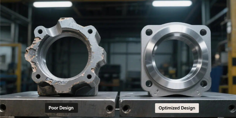 A split image showing a poorly designed part with sharp corners and uneven walls vs. a well-designed part with radii and uniform walls