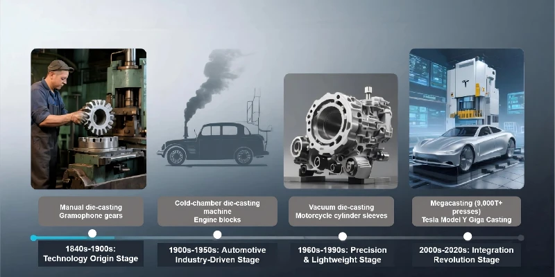 A timeline showing the evolution of die-cast parts from a simple 1960s carburetor to a modern EV giga casting.