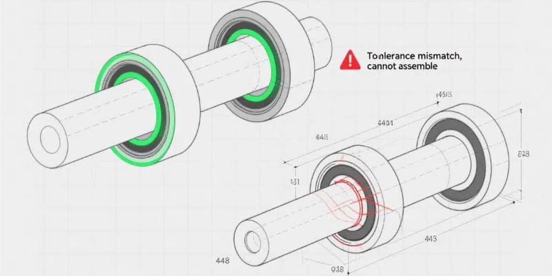 An animation showing two parts, one within tolerance fitting perfectly, and one out of tolerance failing to assemble