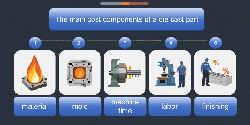 An infographic showing the main cost components of a die cast part: material, mold, machine time, labor, and finishing.