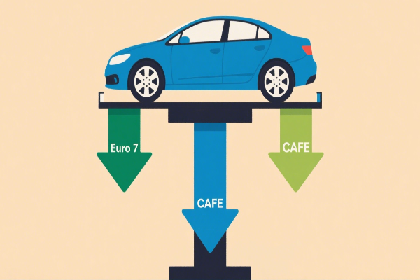 A graphic showing a car on a scale, with arrows pointing down labeled with emission standards like "Euro 7" and "CAFE".