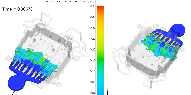 Mold flow simulation showing a poor gate design with turbulent flow vs. an optimized design with smooth flow