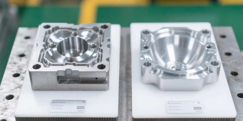 Side-by-side comparison of a mirror-polished mold cavity and a smooth, reflective die cast part