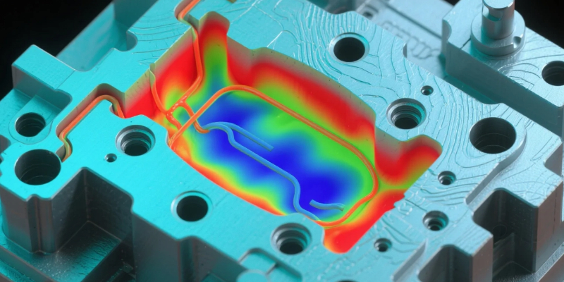 Thermal simulation of a die casting mold showing heat distribution and cooling channels