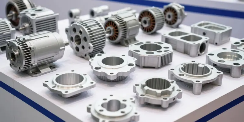 Various electric vehicle components, including aluminum battery casings and motor housings, on a display stand.