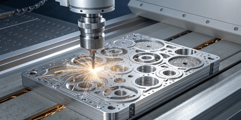 A 5-axis laser cutting a complex aluminum die-cast housing