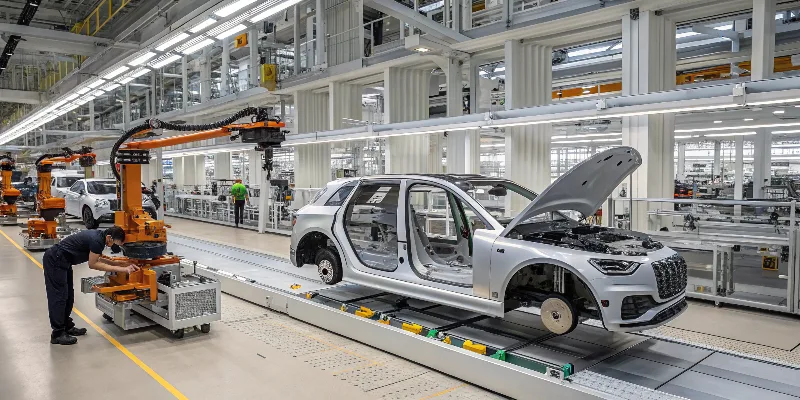 A car production line showing a mix of steel and aluminum components on an EV chassis.