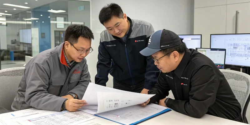 A team of engineers from OEM and a Tier 1 supplier discussing design specifications and quality parameters for a new EV component.