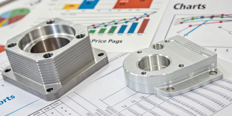 A close-up of an aluminum die casting part with price tags and charts in the background.