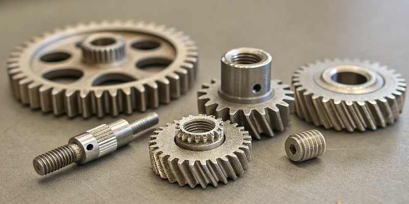 A close-up of small, intricate zinc die cast gears and connectors