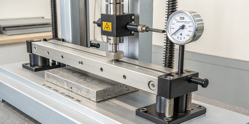 A close-up view of a tensile testing machine stretching an aluminum sample to measure its strength.