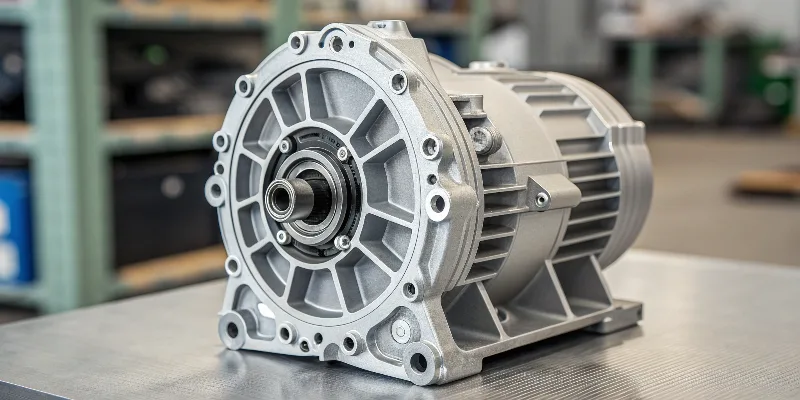 A detailed photo of a complex aluminum die-cast EV motor housing