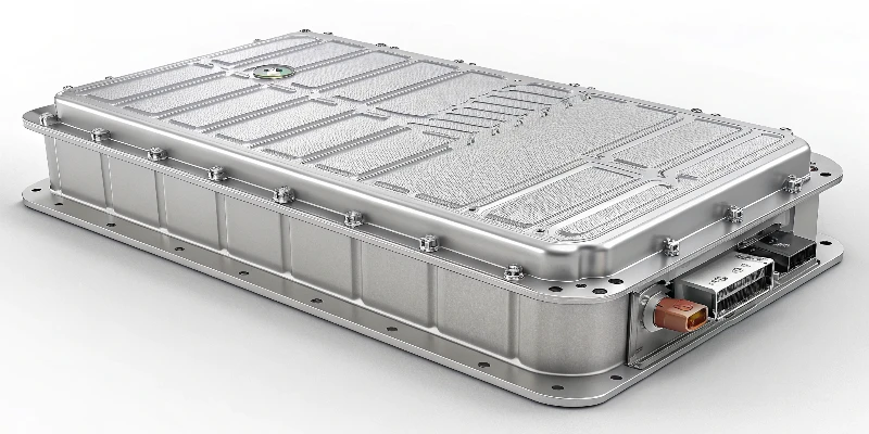 A detailed view of a die-cast aluminum EV battery housing with intricate cooling channels visible.