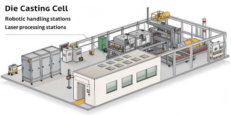 A diagram of a fully automated die casting cell including robotic handling and laser processing stations