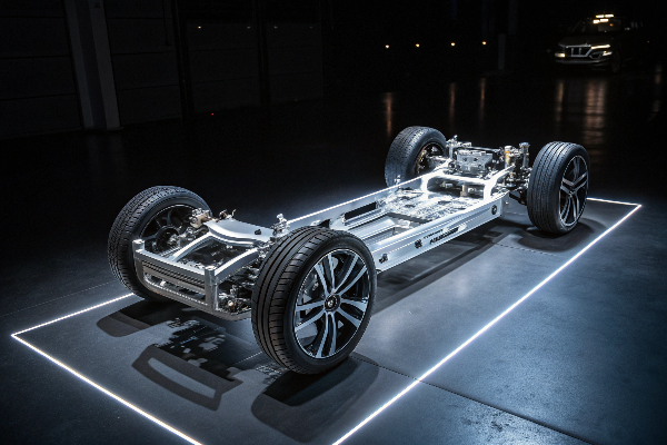 A futuristic car chassis made of lightweight aluminum die-cast parts glowing on a dark background.