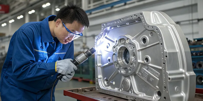 A large die-cast aluminum automotive part being inspected by an engineer.