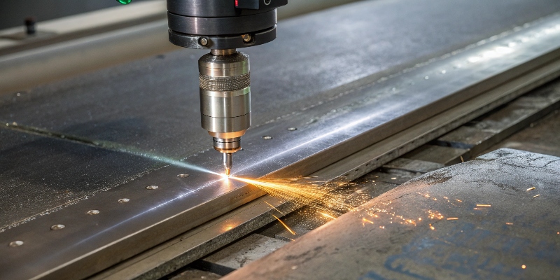 A laser beam cleaning a dirty, oxidized aluminum surface, revealing the clean metal underneath