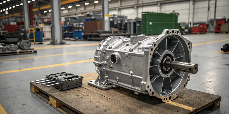 A photo of a car transmission housing sitting on a factory floor