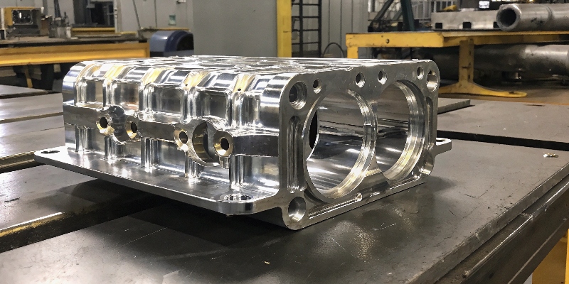 A shiny, complex aluminum die-cast part, like a motor housing, on a workbench